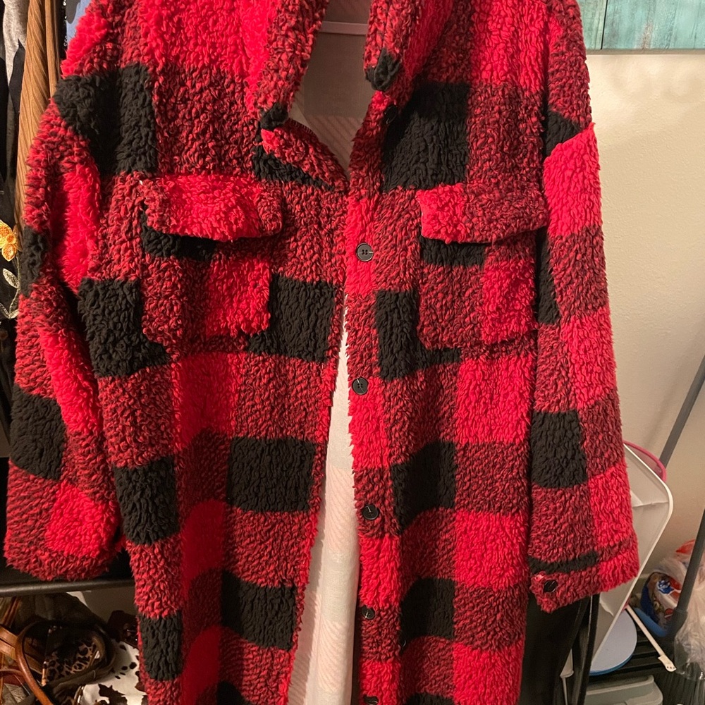 Red and Black Teddy Jacket with Cozy Fleece Material